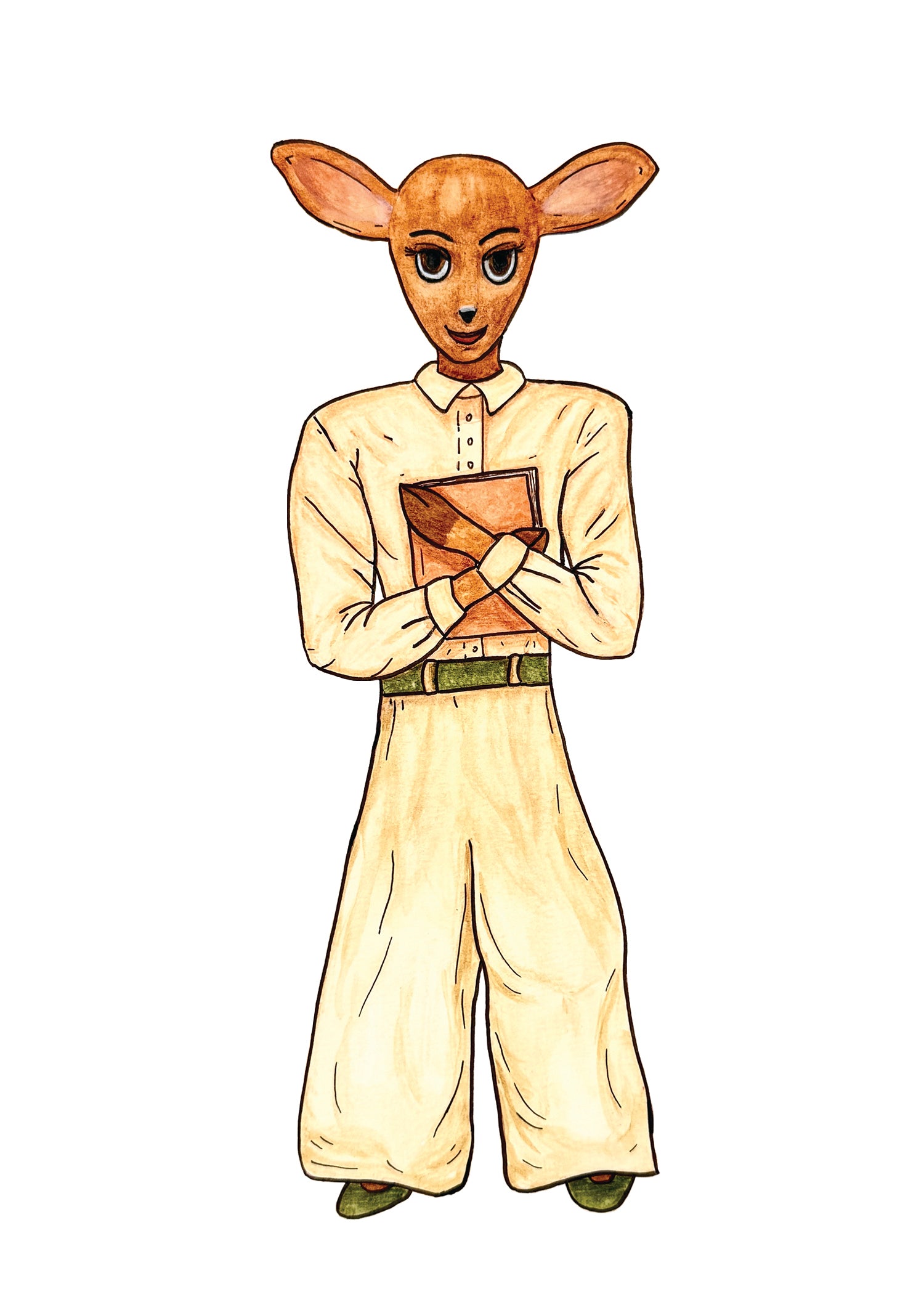 Personified deer smiling and holding a book.