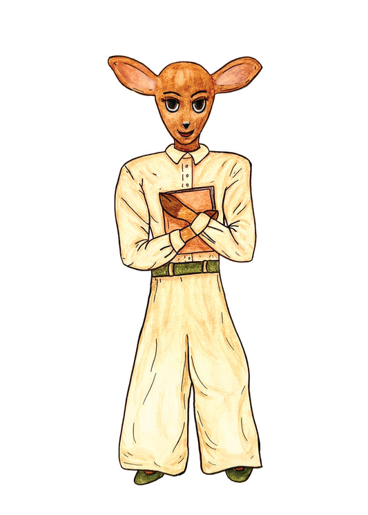 Personified deer smiling and holding a book.